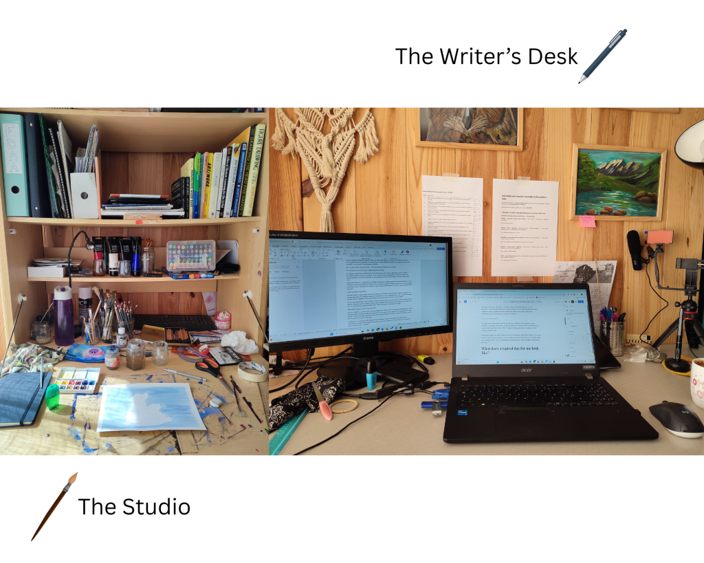Split view of a neat writing desk with a laptop and a messy artist studio desk with watercolors and brushes